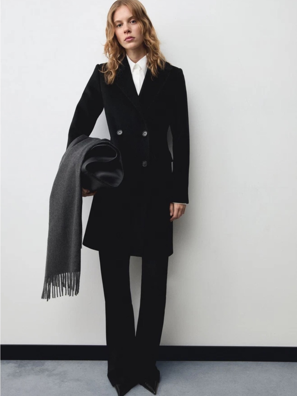 NWT MANGO MNG $179 BLACK DOUBLE BREASTED MIDI WOOL BLEND COAT SZ XXS